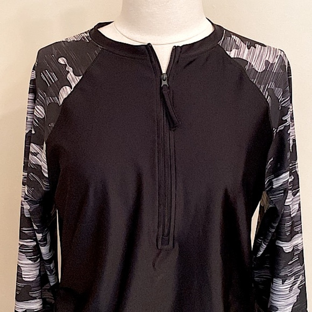 Free Country Black Grey Sun Block Camo Print SZ L UPF 50+ Outdoor Athletic Top - Picture 2 of 14